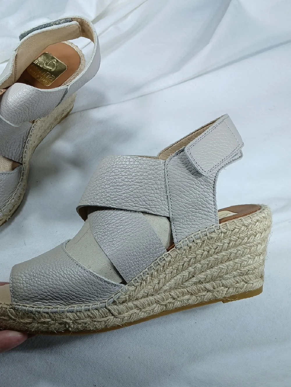 Kanba womens Wedge Espadrille Sandals - Light Gray pebbled Leather